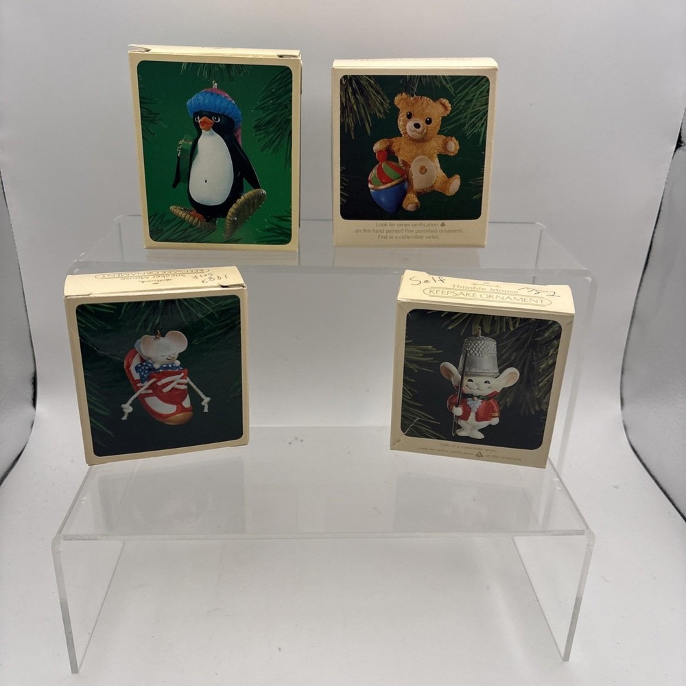 Vtg~Lot of 4~Hallmark Ornaments~Penguin/Bear/Thimble Mouse/Sneaker Mouse~IOB